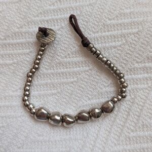 Silver Beaded Women’s Bracelet with Brown Cord 7.5"